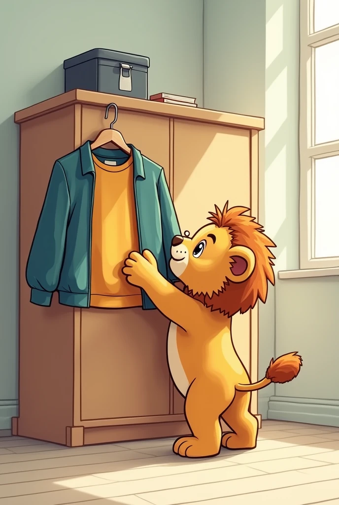 Baby lion at the school wardrobe hanging jacket on childishly drawn