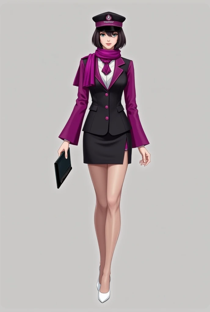 Create a uniform with a waist-high blazer and long magenta sleeves, Skirt with a waist above the knee and a slit on the left leg in the same color, Skin-colored pantyhose and white heels, hat and scarf like emirates but in magenta and ma