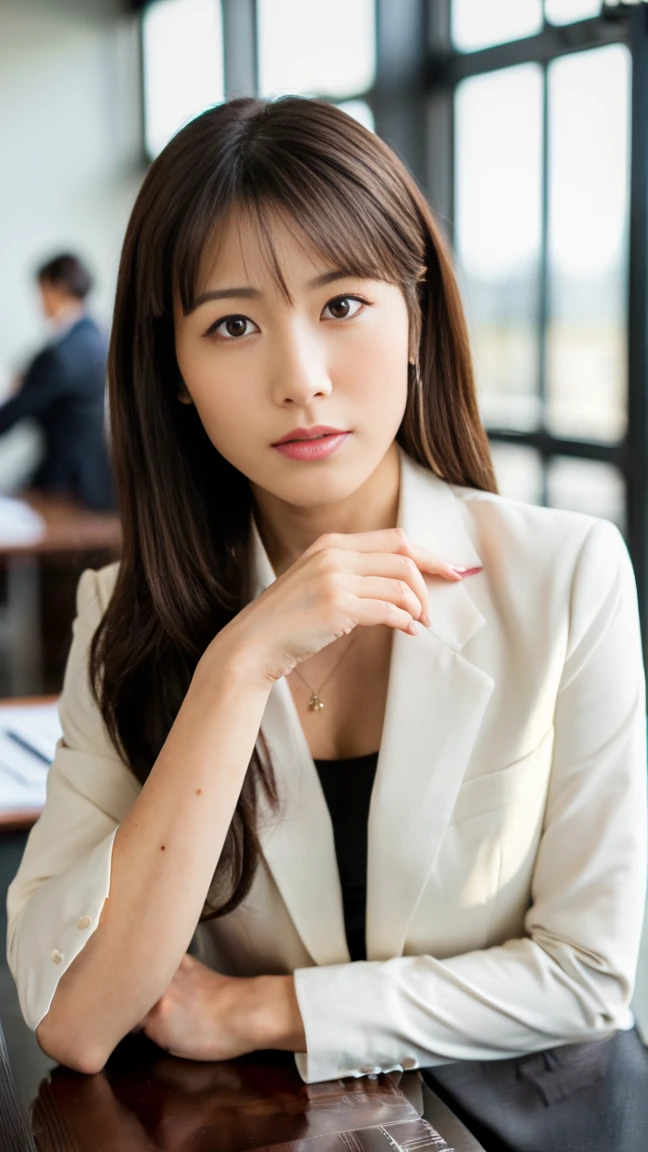 (top-quality, 16K, masterpiece:1.3), (ultra detailed), (masterpiece), (best quality), Highest quality, Realistic, surreal, Highest quality, Extremely detailed CG, Very delicate, 16K wallpaper, High resolution, A female manager working for a top company, 3, ((A light-colored, sexy mole on the face:1.0)), ((UNTITLED business suits:1.2)), ((A very simple necklace)), Japanese office with large windows, ((Working at a desk:1.5)), Japanese, slender body, very detailed, detailed fingers, detailed hands, detailed eyes, detailed legs, accurate and perfect human anatomy, real human skin, BREAK ((upper body:1.5)), ((look into the viewer's eyes:1.5)), ((looking at viewer:1.5)), ((Front view:1.5)), ((from front:1.5)),