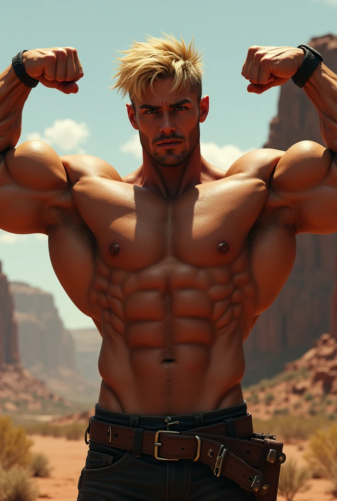 Muscle growth, flex, sweat, veins, blond, Western, short hair,