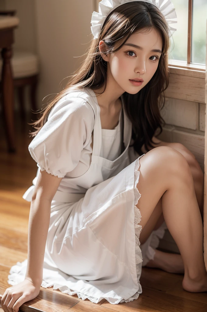 Ultra-realistic capture, Highly detailed, High resolution 16k close-up of human skin. Skin texture must be natural, With such detail that pores can be finely identified, Skin should look healthy, In a uniform tone, Use natural light and color, photo realistic, Full Body Shot, full body, maid, maid clothes, maid apron, maid headdress, frilled skirt, Flipped hair, mansion