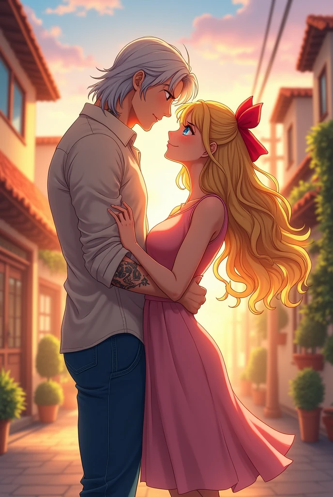 I would like to get an anime-style image of a couple consisting of a tall, masculine, handsome man with long platinum hair below the shoulders, blue eyes, jeans, a light shirt with sleeves rolled up to the elbow, a tattoo on his arm, he hugging the young incredibly beautiful femme fatale blonde with long golden hair, blue eyes, red A bow on her hair, she's wearing a beautiful dress. It's warm, August, evening, a romantic little town. they are happy, in love.