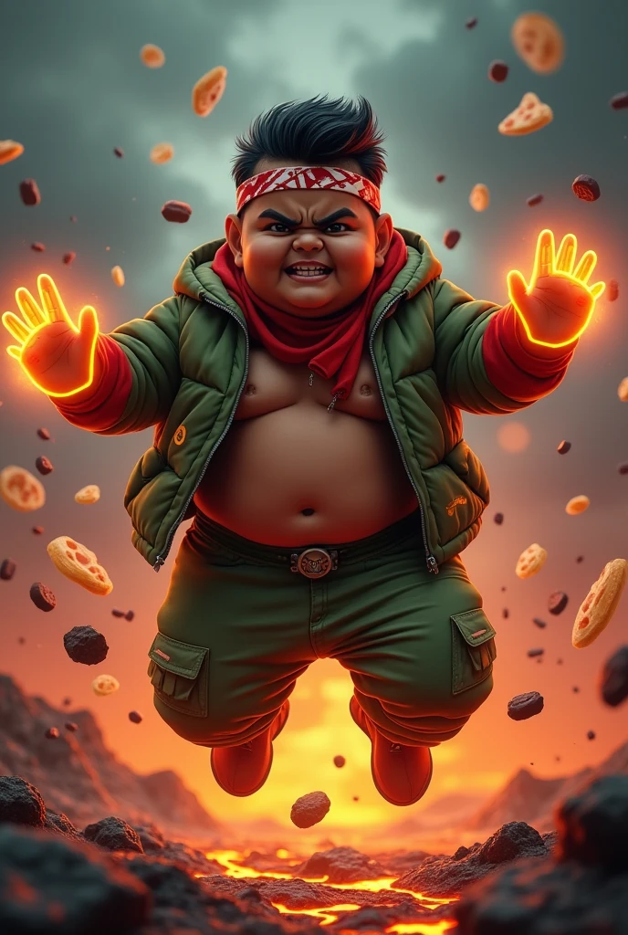 20year old bangladesh man , nepal (fat body. belly fat chubby body type.  body.) sharp eyes. chubby face. dark skin. man . Anger face. Open mouth. wear headband red whitr. . wearing an (green red stripe jacket) future shirt . anger faces, short hairstyle . Dramatic.. stand on lava ,( camouflauge green)cargo pant,, detailed face, cinematic lighting, dramatic atmosphere,.hot day. vibrant colors, 8k, high quality, photorealistic. Hero suit.. ha,army green logo design on pant . Very strong. Future design dress. Very epic. Very hot background.. dark sky. Very strong . . Flying floating pizza, candy. chocolate bar everywhere..Shadow power from hand Floating small rock everywhere.have a power turn anything to the food. ((glowing yellow ))green two finger on both side. upper tilt shift shoot photograpy. jump effect.
