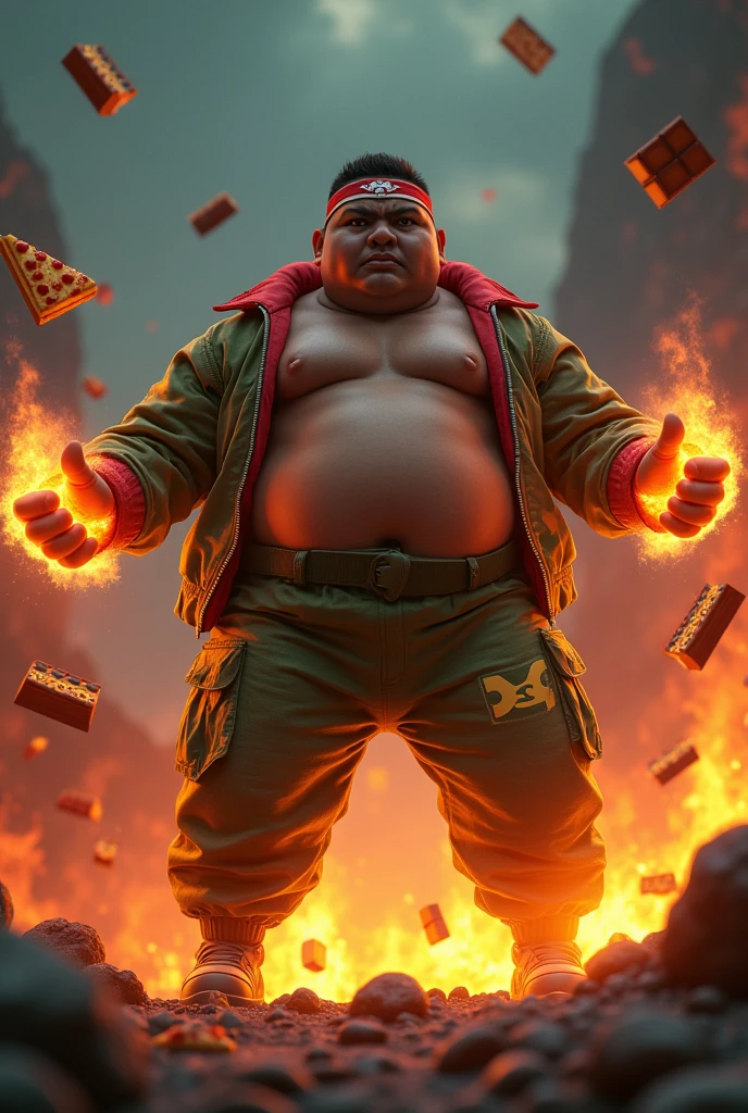 20year old bangladesh man , nepal (fat body. belly fat chubby body type. body.) sharp eyes. chubby face. dark skin. man . Anger face. Open mouth. wear headband red whitr. . wearing an (green red stripe jacket) future shirt . anger faces, short hairstyle . Dramatic.. stand on lava ,( camouflauge green)cargo pant,, detailed face, cinematic lighting, dramatic atmosphere,.hot day. vibrant colors, 8k, high quality, photorealistic. Hero suit.. ha,army green logo design on pant . Very strong. Future design dress. Very epic. Very hot background.. dark sky. Very strong . . Flying floating pizza, candy. chocolate bar everywhere..Shadow power from hand Floating small rock everywhere.have a power turn anything to the food. ((glowing yellow ))green two finger on both side. upper tilt shift shoot photograpy. jump effect.