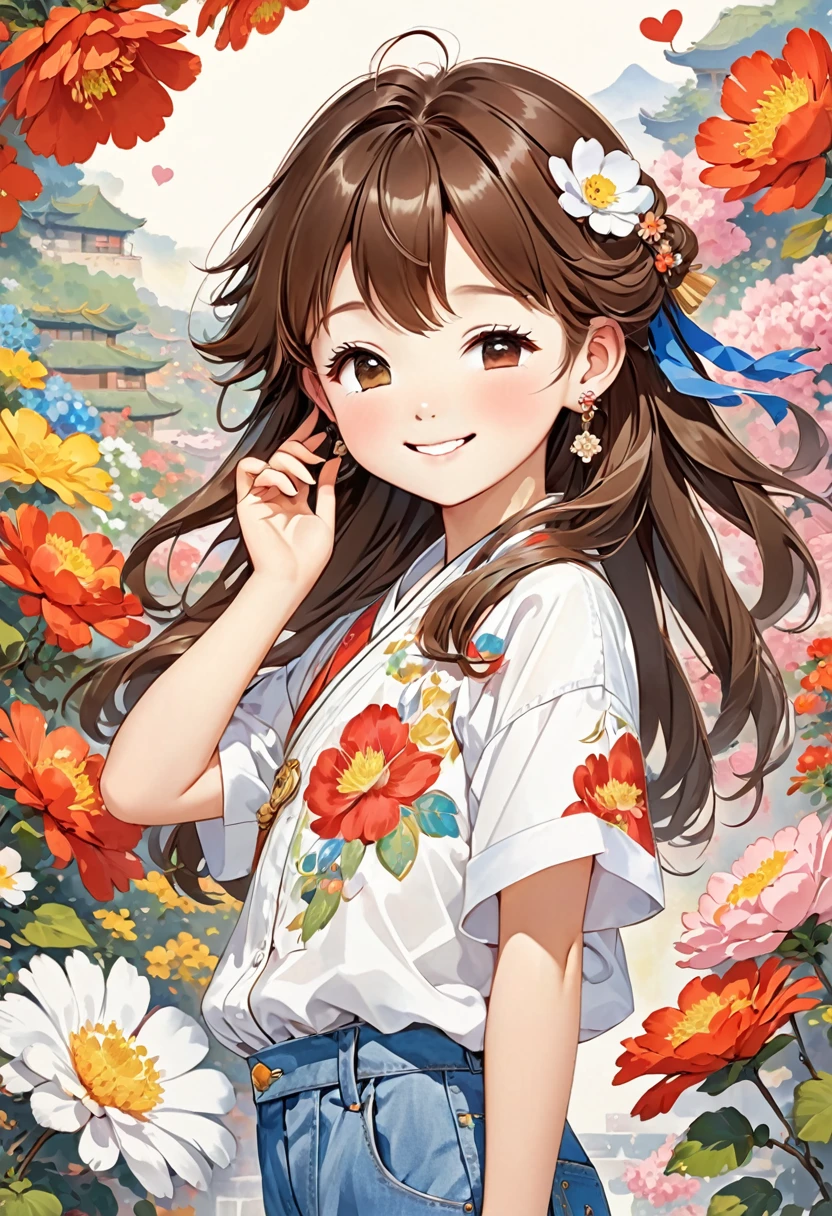 new gallery by person the original and the best china the original and the best china chinese anime, kore anime, anime art, chinese illustrators, little princess, illustrados, adorable little boys, adorable china, ch, 1girl, solo, v, closed eyes, shirt, hair ornament, hair flower, jewelry, long hair, flower, heart, earrings, brown hair, white shirt, smile, hand up, denim, pants, short sleeves, blush