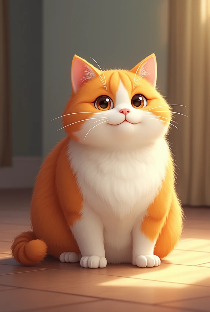 An orange and white cat,Very fat,sit on the floor,Tilting my head to look at you