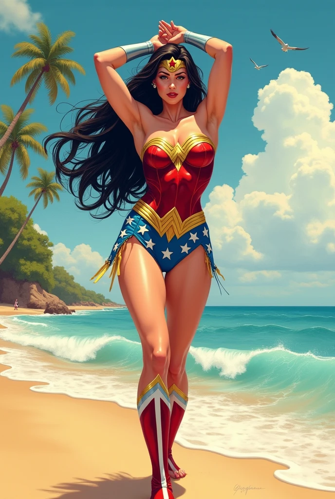 Wonder Woman in a bathing suit , standing, arms up