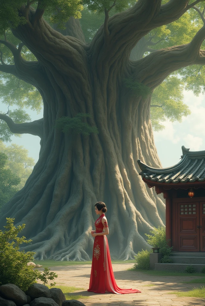 Young lady is standing front of the big tree. Next the tree is Chinese old house. The lady live in 70s. She comes from China. She is wearing a cheongsam.