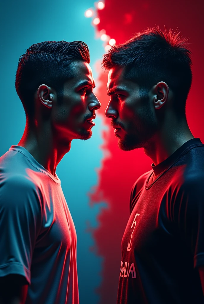 Create a high-contrast YouTube thumbnail with Cristiano Ronaldo and MrBeast. On one side, feature Cristiano Ronaldo smiling confidently with glowing eyes, suggesting dominance and energy. On the other side, depict MrBeast with a sad expression, possibly with a tear or downturned mouth to emphasize his disappointment. Use a split-screen background to separate them visually. Overlay bold, attention-grabbing text that reads "Ronaldo Dominates MrBeast!" in a contrasting color for clarity. Ensure Ronaldo’s image is highlighted with a slight glow or outline to enhance his prominence, while MrBeast’s image should be in darker tones to reflect his mood.
