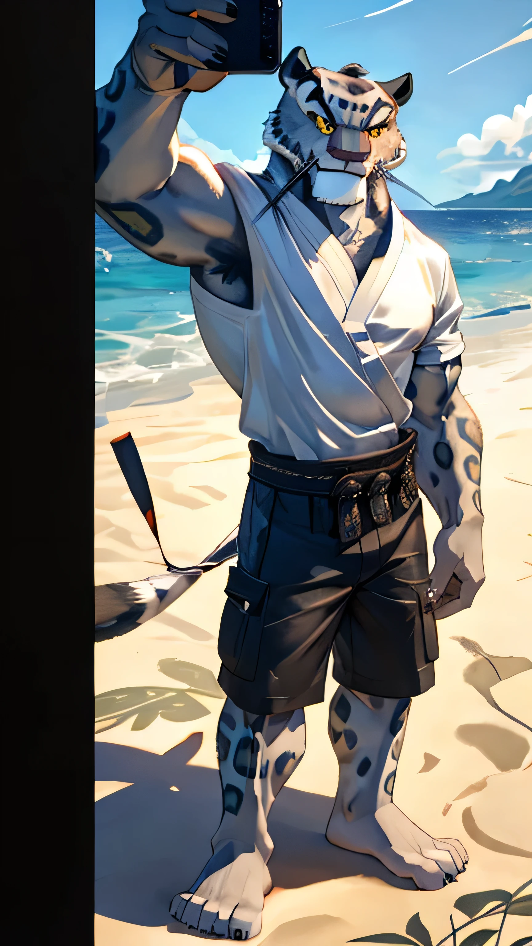 Kung Fu Panda cartoon, furry snow leopard Tai Lung, handsome, perfectly detailed yellow eyes with perfectly detailed pupils, extremely beautiful face, muscular body, six pack abs, gentle look, wears white shirt, cargo shorts, bare feet, sexy, hot, tall, slender, gentle smile, selfie, beach background