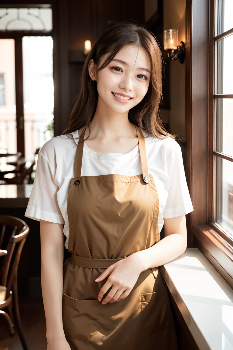 (Highest quality、Tabletop、8k、Best image quality、Award-winning works)、Woman working in a café、(The perfect brown apron:1.1)、(The perfect brown apron:1.1)、(wide々She is standing elegantly in a modest cafe..:1.3)、(A classy shirt and apron:1.1)、(Big Breasts:1.1)、(Accentuate your body lines:1.1)、Beautiful woman portrait、The most elegant and cozy cafe、The most natural cafe, Perfectly organized、The most atmospheric and warm lighting、Stylish and elegant cafe、Strongly blurred background、Look at me and smile、(Accurate anatomy:1.2)、Ultra high resolution perfect beautiful teeth、Ultra-high definition beauty face、Ultra HD Hair、Ultra HD The Shining Eyes、The Shining, Super high quality beautiful skin、Super high quality glossy lip
