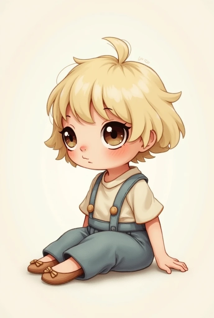 Create drawing of a baby veto sitting sideways in pants and a blouse with ballet flats, short hair with bangs