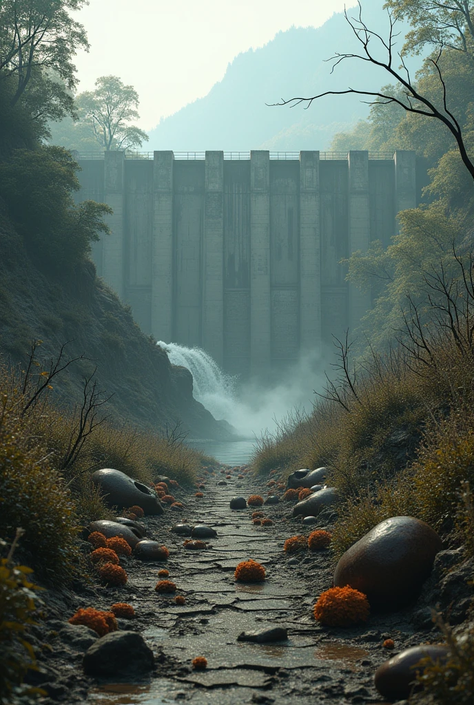 Make a representative image of the flora and fauna dying because of a hydroelectric plant
