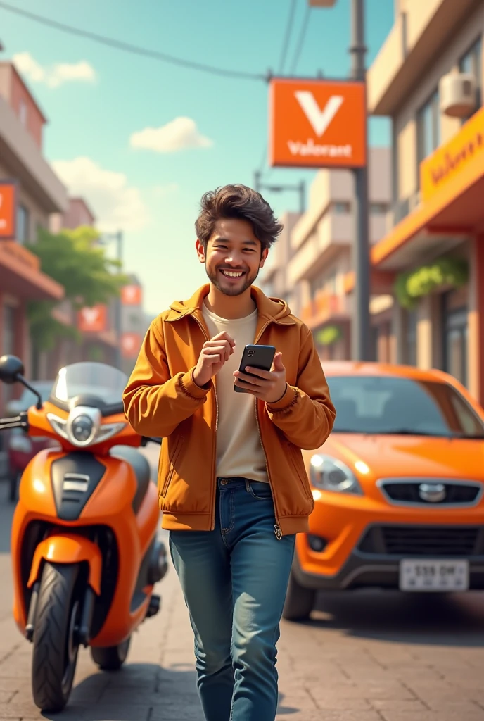 Create a happy person with a cell phone in their hand and on the other side an orange motorcycle and an orange car with valorant written on the car and on the motorcycle 