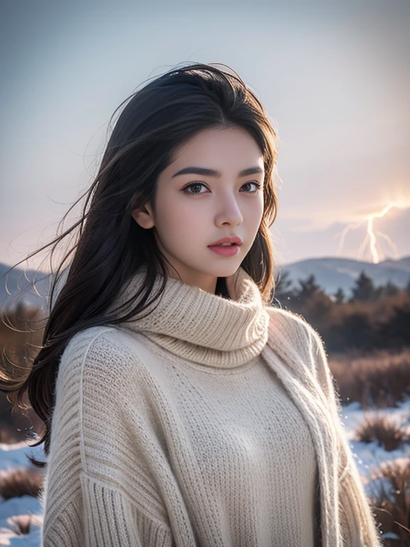 winters,snowy landscape,beautiful teenage girl, random color,long sweater,scarf,scarf,deep fields,True light,Raying lightning,hugging a Bengal tiger Renderer OC,renderer UE5,Hyper realistic,the best quality,8K,masterworks,super-fine,Detailed pubic hair,correct anatomy,Super detailed face,Slim figure.
