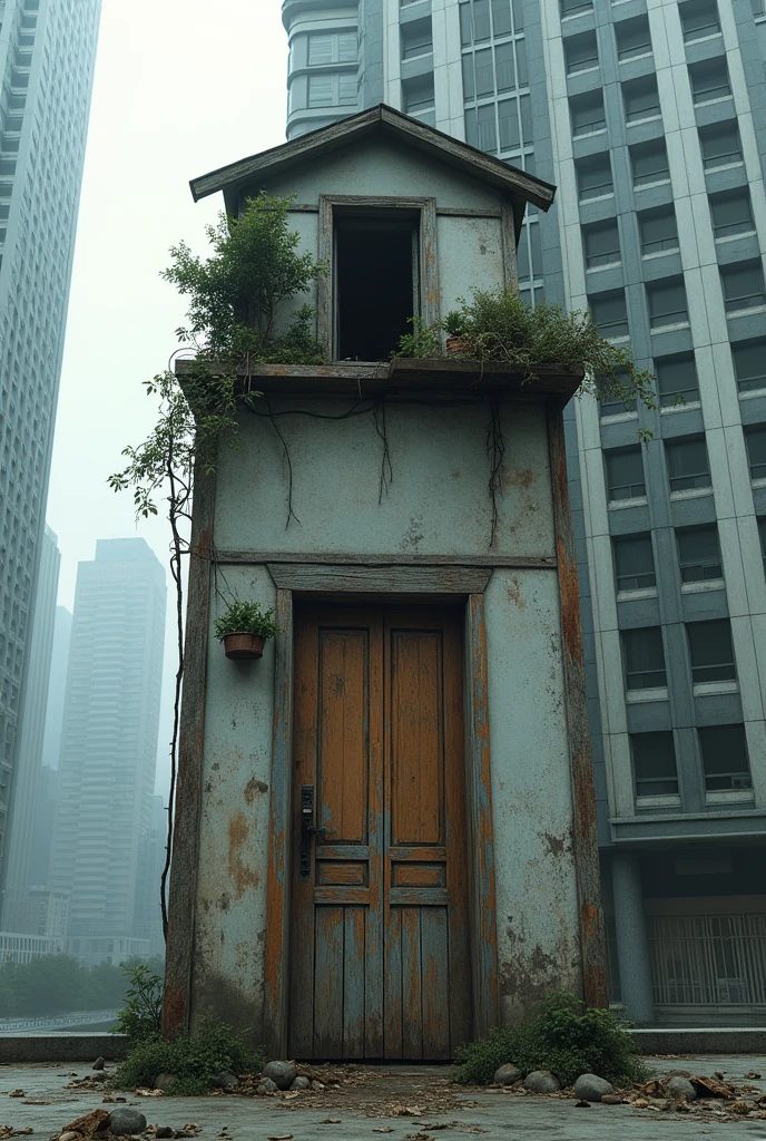 Make a small house, a rickety hut on top of a tall hotel building, the tall door of the house is visible in front of the camera