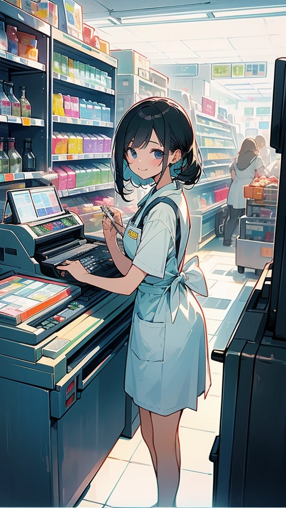 young woman,smile,((Standing inside the cash register)),Touching the cash register machine,Customer Service,((There is a cash register on the table)),(Scanning product barcodes at the cash register)),Each person has one register,Supermarket clerk,Wearing an apron,uniform,((Working as a cashier)),((There are multiple cashiers.)),((cashier,register,)),((Receive money from customers)),There are products on the shelves,In the supermarket,Bright interior,grocery store,There are customers.,Waiting in line at the cash register