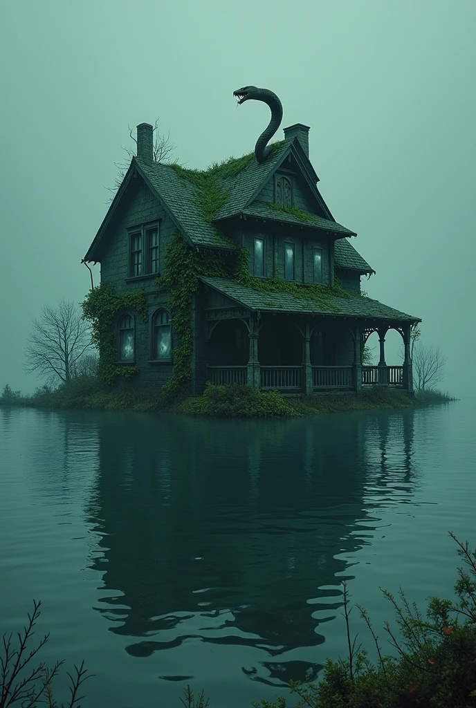 A story book cover having haunted one roof house with snake on upper roof + green leaves on building wall and ghosts inside the house. The house being in middle of the water source. Tittle of book written "NO ROOMS FOR HUMAN"