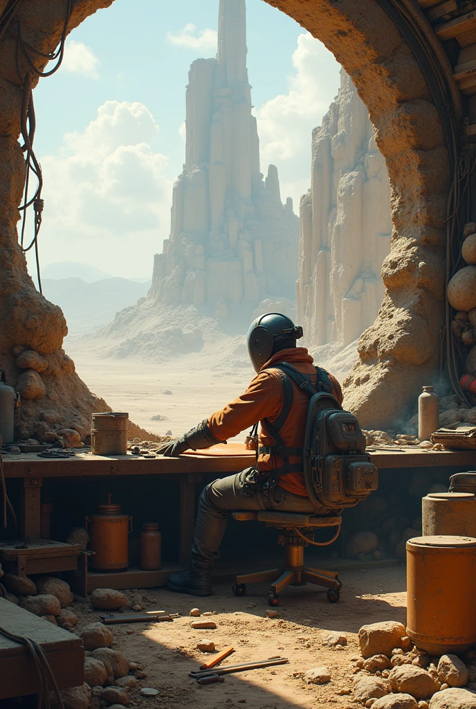 Science fiction, welder,creator,dingy,epic,seated,landscape
