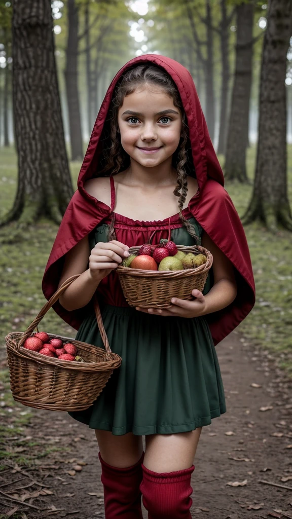  woman,slim,beautiful,large eyes,green eyes, Whole body, wide face, Wide nose, thick lips,hair, chestnut,seeds,, hair largo, staring straight into the camera,head on,full figure, Whole body, sagging breasts,separated, wearing a Little Red Riding Hood costume,with red sneakers, sketching a slight smile,Captivating look, cold environment,with air,leaves falling from the trees,low light, Whole body standings a cabeza,standing, carrying a basket of fruit in his hands. 4k resolution
