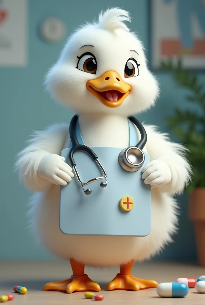 A duck white colour wearing white and blue apron,with stethoscope, hyper realistic, fatty and cute appearance, showing advertisement of drugs , with holding a board showing capsules of gas.
White colour duck 