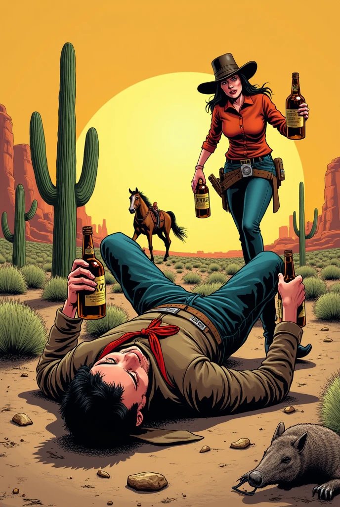 Hyperrealistic color comic 1950s a drunk cowboy lying outside with a bottle of liquor in his hand at the door of a saloon his horse next to him in the American Wild West a woman helps him up 