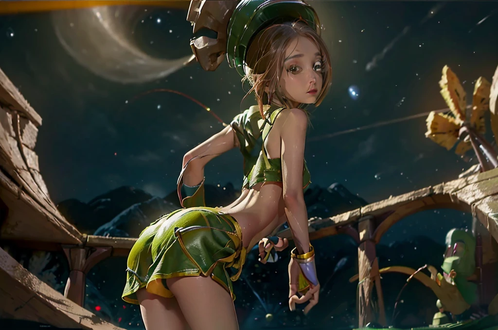 (Marvin the Martian) a cute woman, extremely detailed, extremely small martian invader outfit, fishing at an alien lush pond, holding a bucket full of slimy tentacles for bait, extremely detailed eyes, beautiful detailed lips, longeyelashes, beautiful detailed face, 1girl, digital art, concept art, oil painting, 8k, high quality, masterpiece, photorealistic, ultra-detailed, physically-based rendering, vivid colors, studio lighting, sci-fi, alien landscape, fantasy (camera angle is low looking up at butt, focus on butt)
