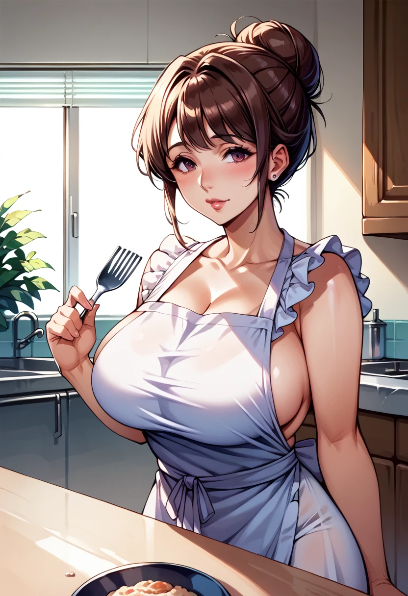 1girl, ,Anime, modest, Mom mature Housewife thick, apron, hair in top bun in kkitchen, busty