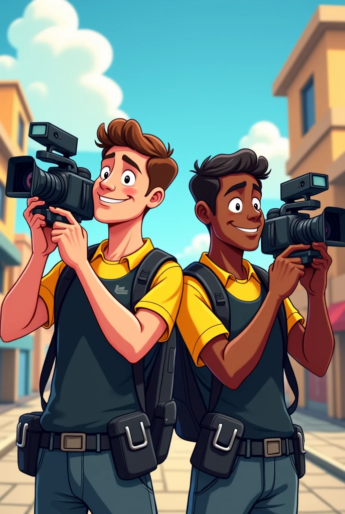 Cartoon of a camera crew consisting of 2 members: 1 young Caucasian man and 1 dark-skinned man, All wearing black and yellow shirts and camera equipment