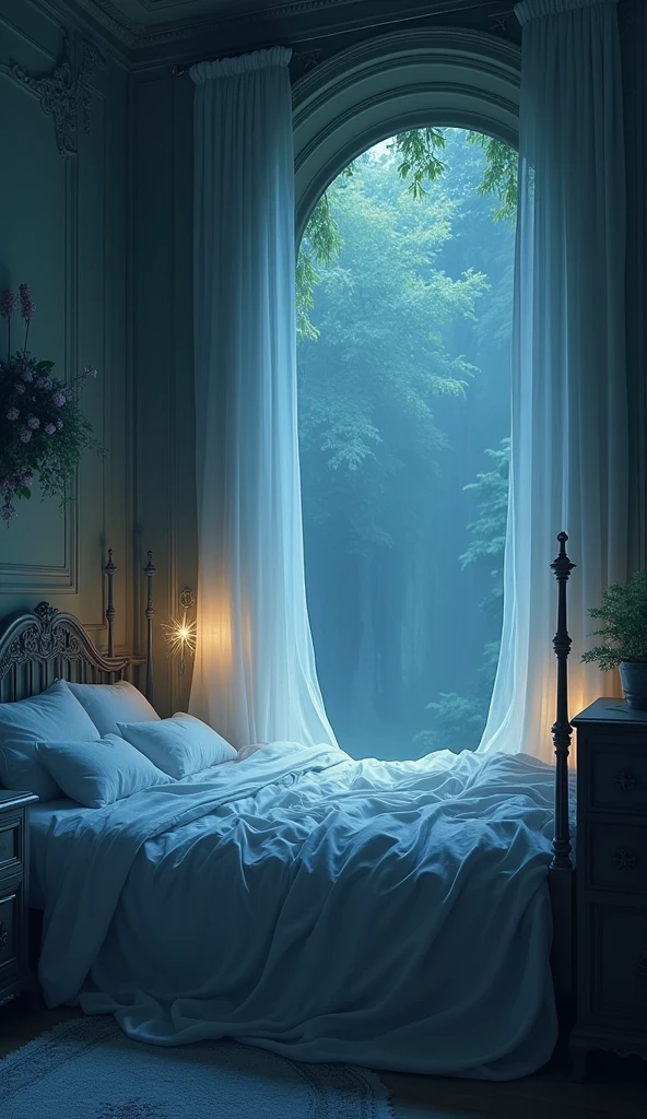 A cozy bedroom at night. Soft, melodic hum with a faint, silvery light. Air filled with jasmine and nightshade scent, walls shimmering, and a barely audible whisper: "Come, dreamweaver. The Veil awaits."