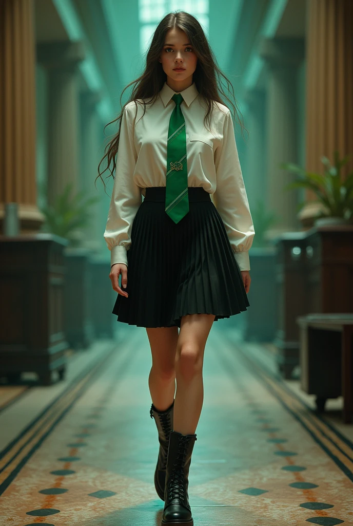 magic magic school。Snake House Student。White blouse。Green tie。Black knee-length pleated skirt。Black lace-up boots。