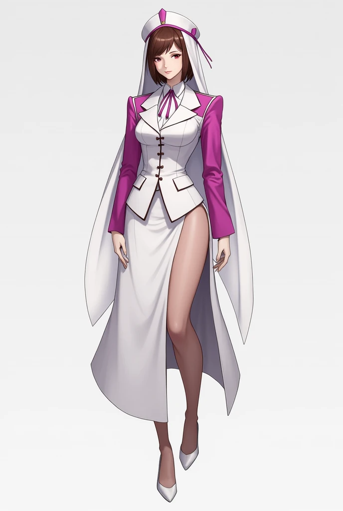 Create a uniform with a waist-high blazer and long magenta sleeves, Skirt with a waist above the knee and a slit on the left leg in the same color, Skin-colored pantyhose and white heels, cap and veil like the Emirates uniform but in magenta and the veil white