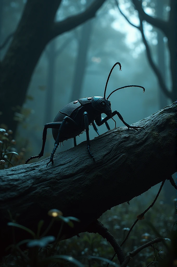 Insect-like log-like creature in a forest at night