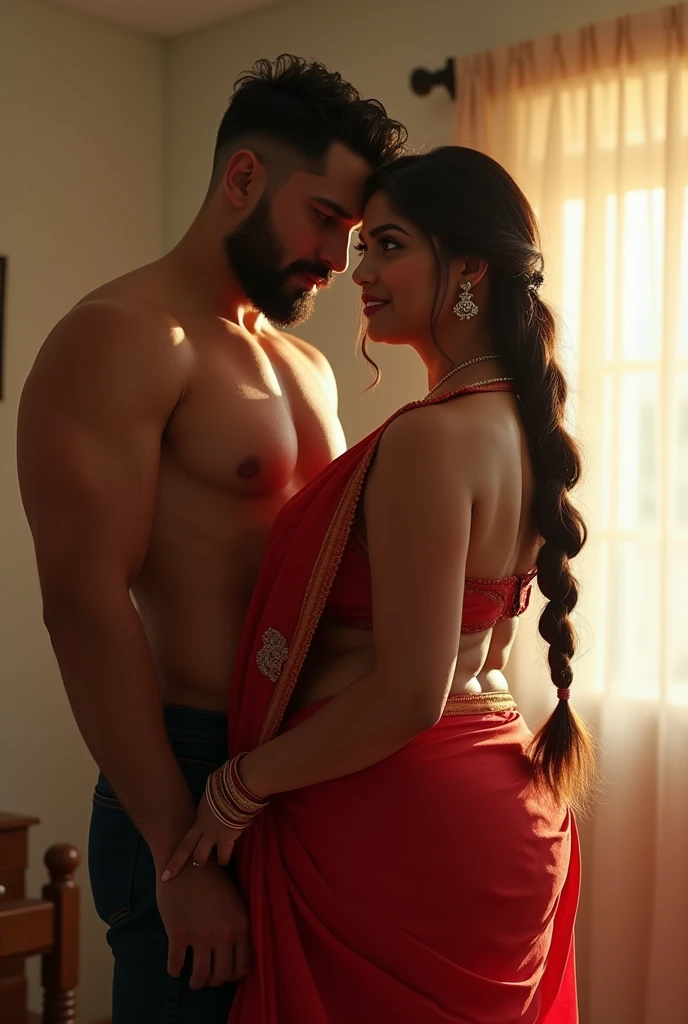 hot curvy white south indian milf with long single plaited hairstyle, big breast, big hip, very big ass, thick thighs, woman wearing saree pallu down, doggystyle pose, looking at camera, man and woman, tall man and short woman, in bright room, man with short side fade hairstyle, muscular body, beard, looking at camera