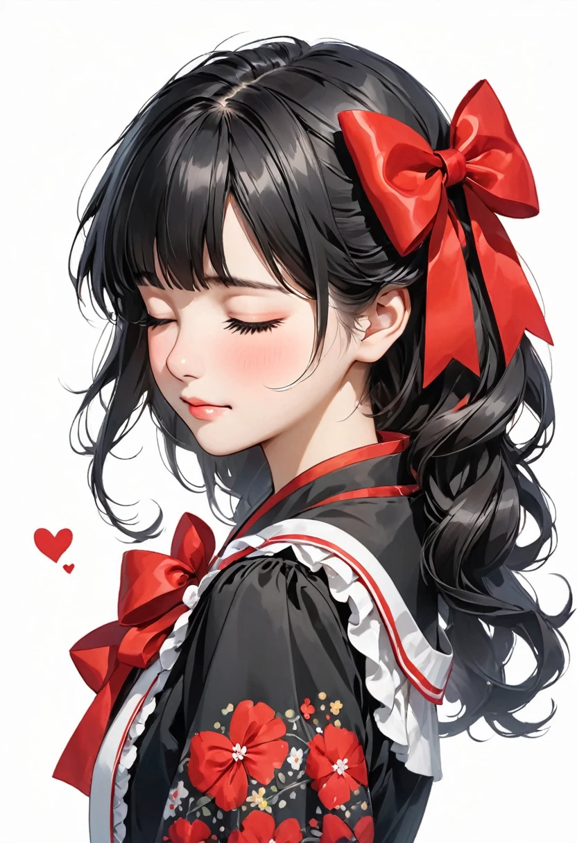 a with a red bow in her hair looking over her shoulder, 1girl, solo, heart, bow, hair bow, black hair, closed eyes, white background, upper body