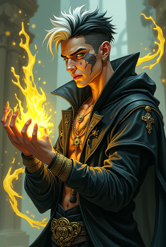 dnd, dungeons and dragons, adult snake man, normal round human ears, serpent, snake guy, sorcerer, slender, acid magic, caustic magic, magic, casting a spell, solo, single person, portrait, action pose, tanned white skin, symmetrical black snake scales on cheeks, tattoo on lip and chin, medium spiky white hair with black streaks, black highlights, black fingernails, green snake eyes, reptile eyes, handsome, male, comic, graphic novel, ornate black robes with hood, black hood, gold jewelry with black gems, noble, rich, yellow magic, slime, goo, ((masterpiece, best quality)), trending artwork