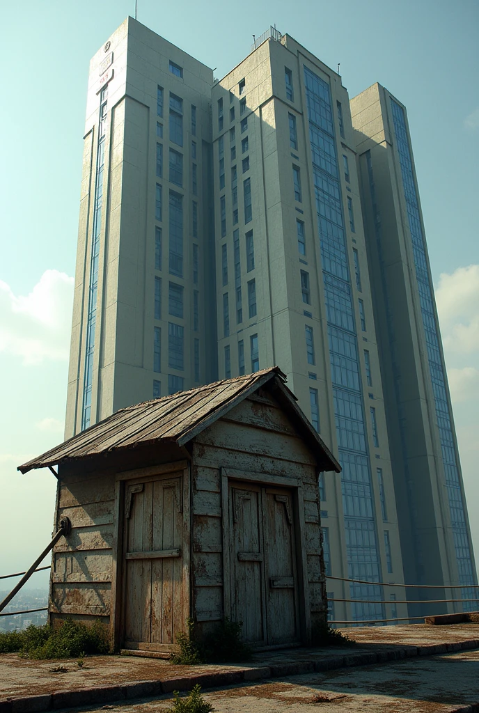 Make a small house, a rickety hut on top of a tall hotel building, the tall door of the house is visible in front of the camera