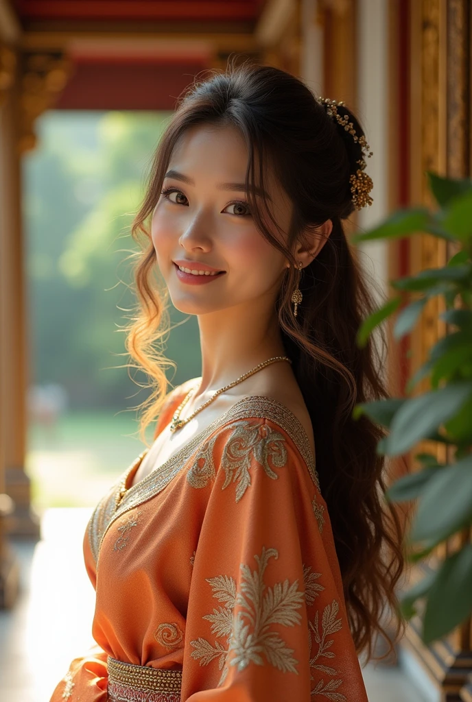 (8k,masterpiece,There's nothing wrong with it., Realistic :1.3), best quality, portrait , Realistic, face focus, 1 woman, brown long hair, Traditional Thai costume , ( comfortable:1.2), temple background, (breeze:1.2),(sun lighting:1.2)