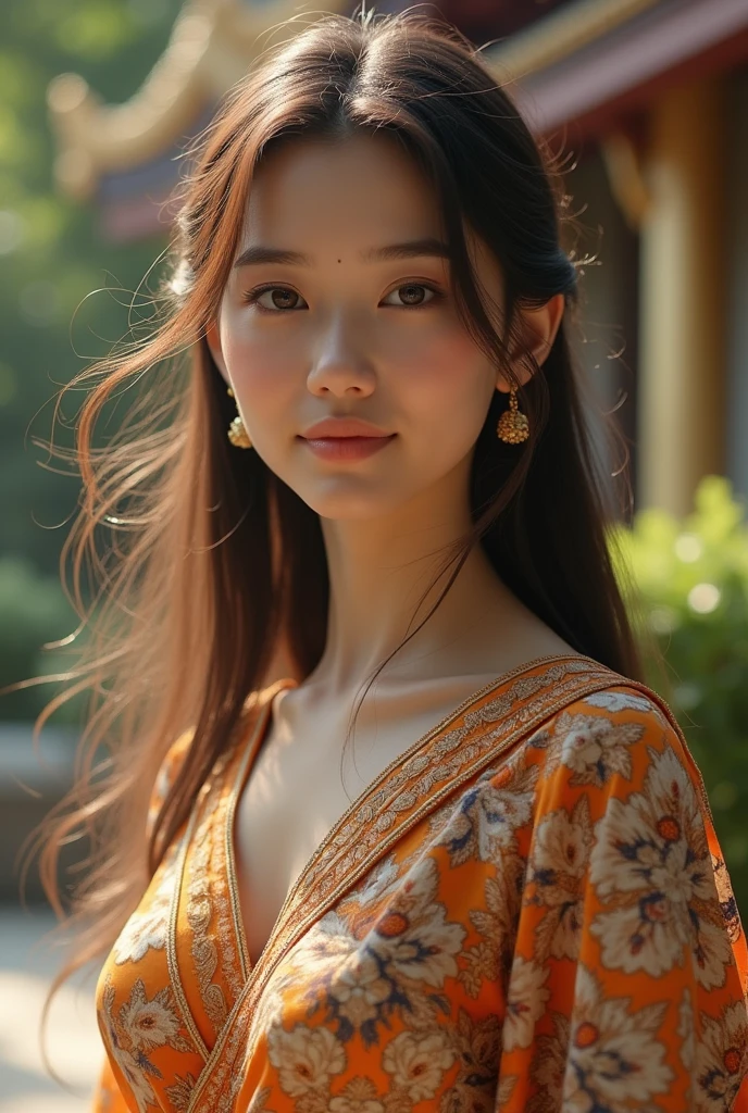 (8k,masterpiece,There's nothing wrong with it., Realistic :1.3), best quality, portrait , Realistic, face focus, 1 woman, brown long hair, Traditional Thai costume , ( comfortable:1.2), temple background, (breeze:1.2),(sun lighting:1.2)