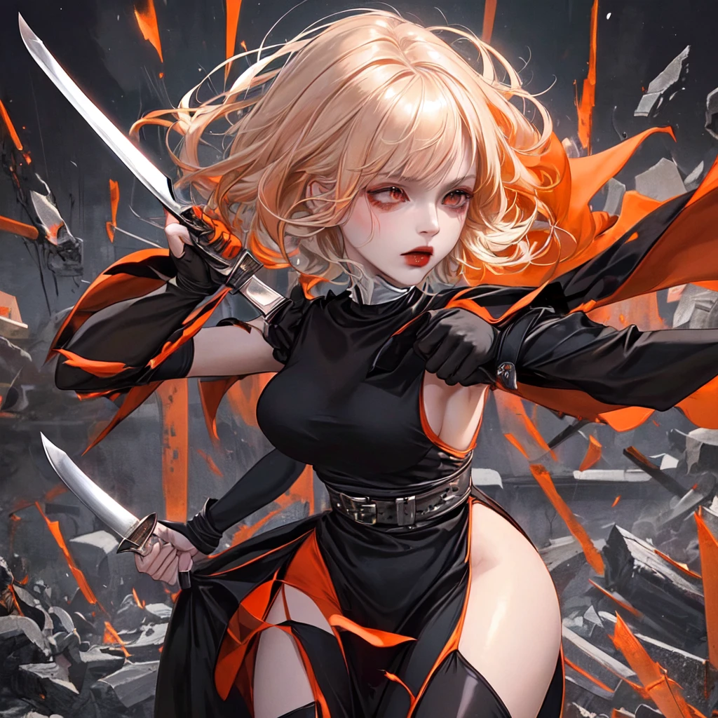 Chic quality, best pixels, sharp image, hair orange, monastic, latex suit, chaos of knives, Short dress, stockings torn cuts on the body,monastic, age 20 years, full length, full length