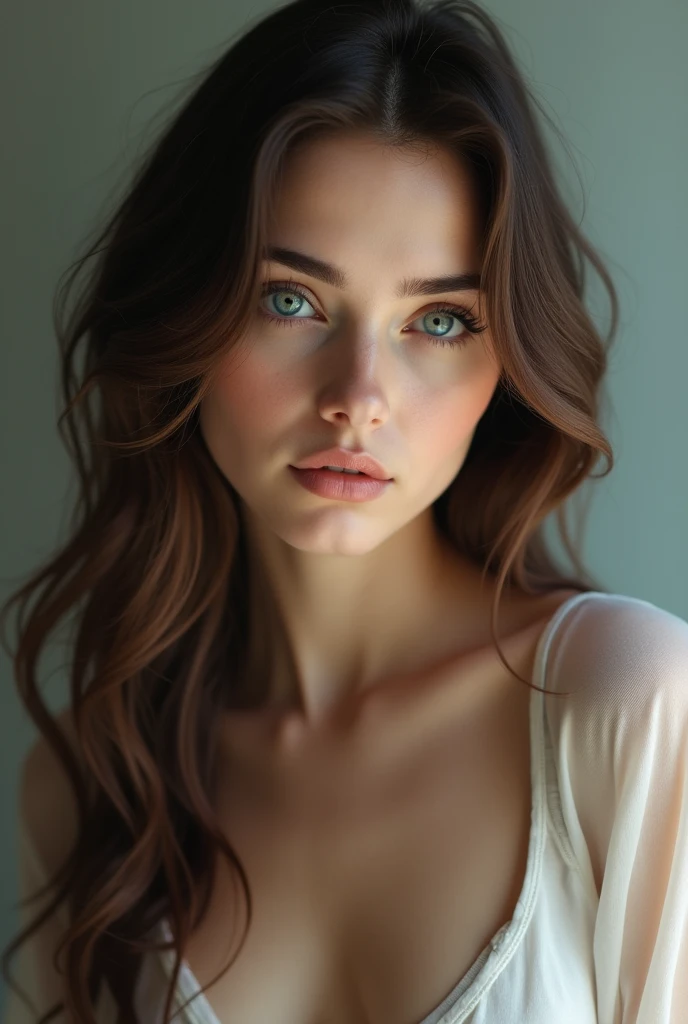 Face of a 22 year old brunette girl with blue eyes of European type with fine features who is very pretty and who takes a picture of herself in a very realistic mirror in 4k