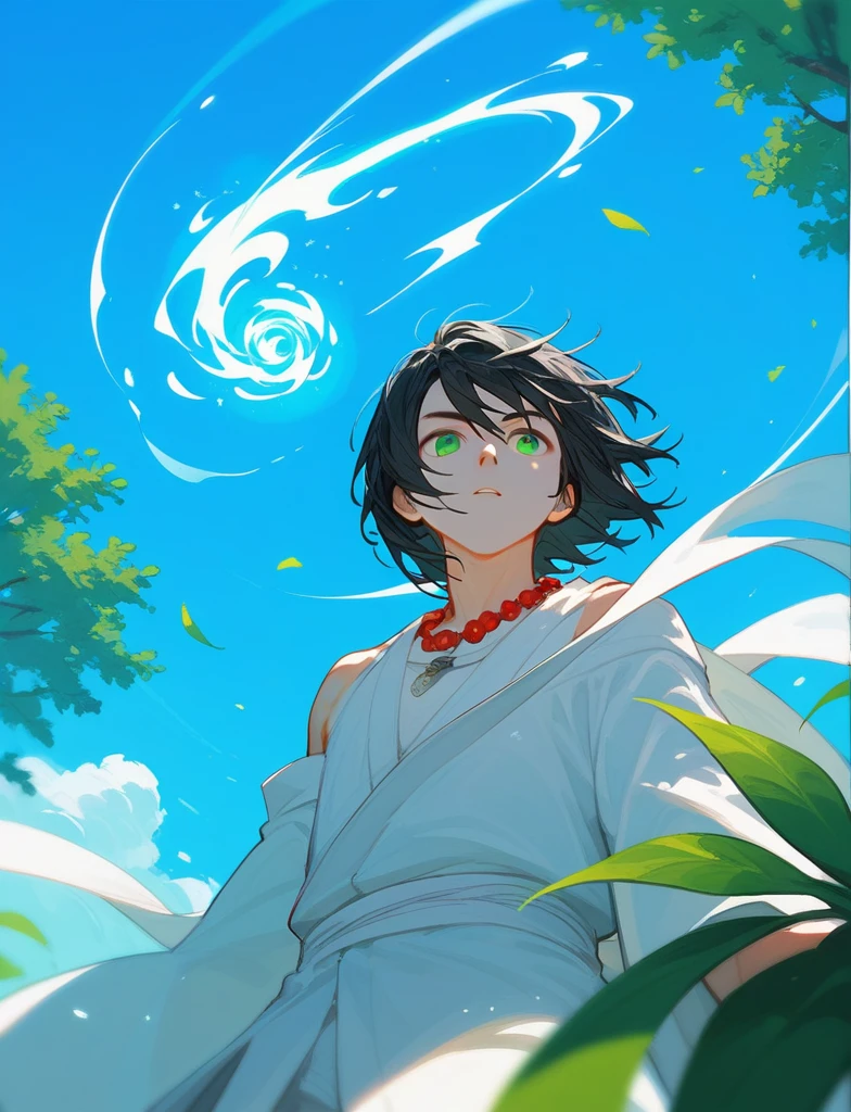 score_9_up,score_8_up, from below, 1boy, Black Hair, green eyes, medium hair, bangs, (forehead:0.5), bare shoulders, white kimono, red beads, ((necklace)), (((magic))), solo, (plants), wind, blue sky