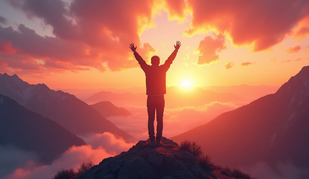 Here's a prompt for creating the English version of the motivational image:

---

**"A dynamic and inspiring scene with a person standing triumphantly on the peak of a mountain during a sunrise. The sky is a mix of vibrant orange, pink, and purple shades, symbolizing hope and new opportunities. The person has their arms raised in victory, looking out over a valley shrouded in soft mist, representing challenges that have been conquered. The mountain peaks in the distance symbolize future goals and continuous growth. The atmosphere is filled with energy, motivation, and the promise of endless possibilities."**

---

This prompt should effectively capture the essence of motivation and triumph in an image.