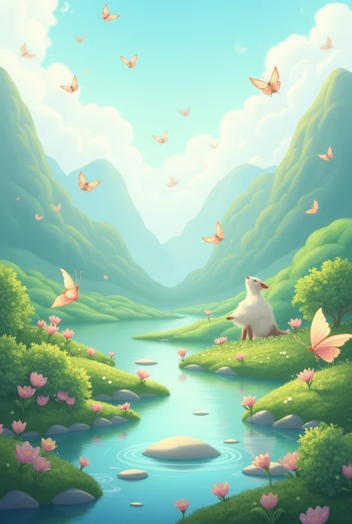Generate a landscape that transmits tranquility, hope, calm, includes animals with a meaning of beauty, hope and freedom. Includes butterflies, water and not so many animals.