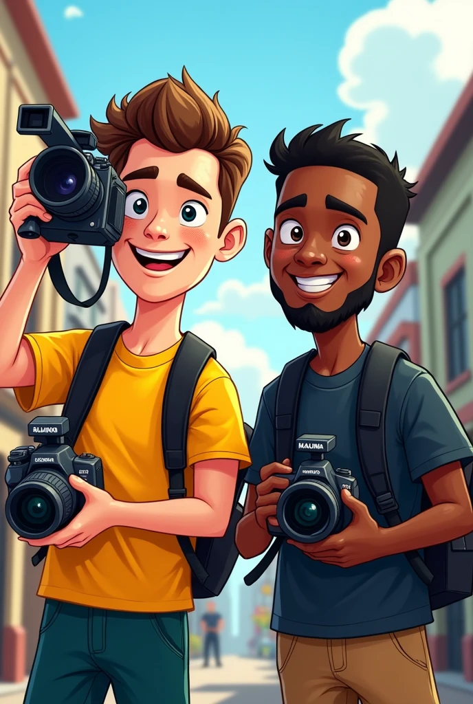 Cartoon of a camera crew consisting of 2 members: 1 young Caucasian man and 1 dark-skinned man, All wearing black and yellow shirts and camera equipment 