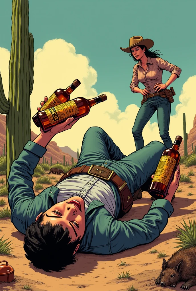 Hyperrealistic color comic 1950s look a drunk cowboy with two large bottles of liquor in his hands lying on top of a cactus in the desert a cowgirl woman helps him in the background a canteen next to him the horse a dog an armadillo and a cowgirl woman who helps him get up in the background a canteen