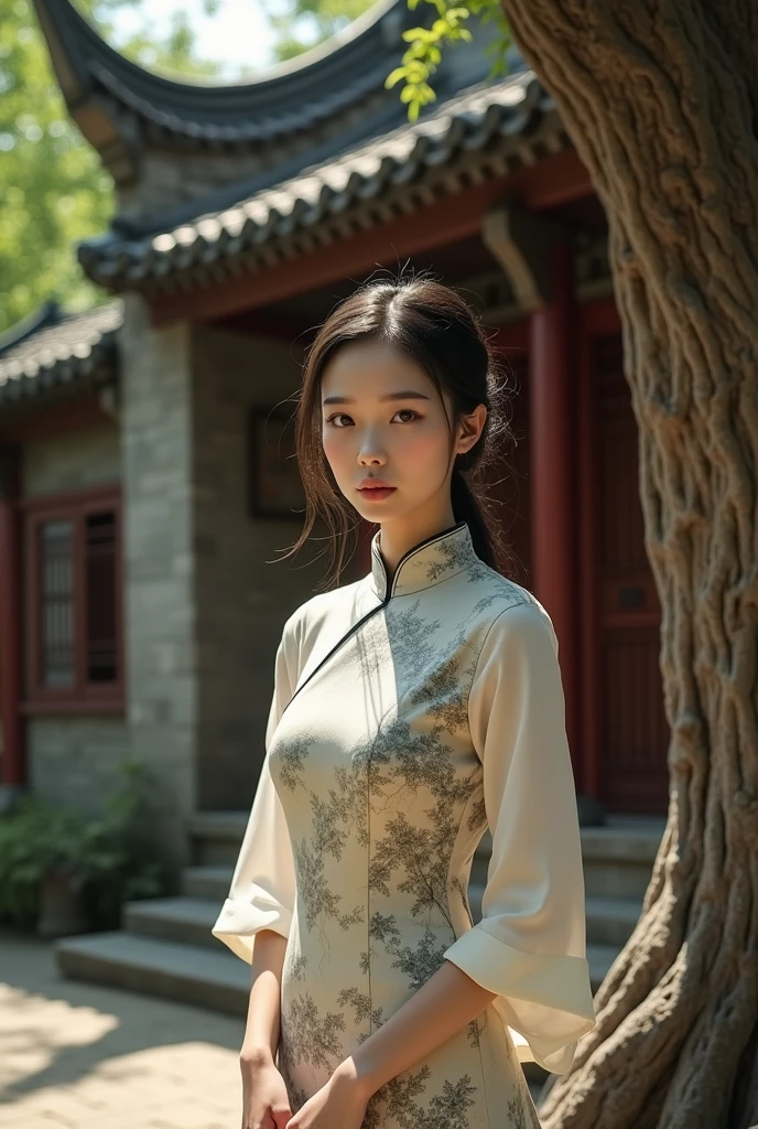 Young lady is standing front of the tree. Next the tree is Chinese old house. The lady live in 70s. She comes from China. She is wearing a cheongsam.