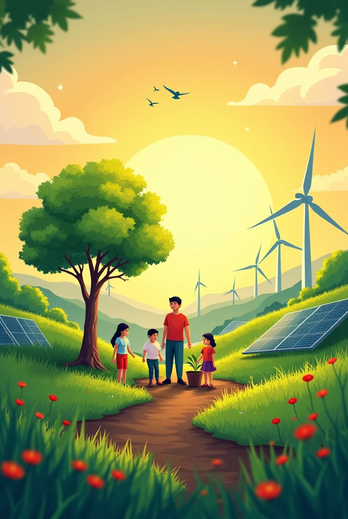 Create a vibrant illustration to celebrate Indian Akshay Urja Diwas. The scene should feature a blend of solar panels, wind turbines, and hydroelectric dams in a lush, green landscape, symbolizing India's commitment to renewable energy. The sun should be shining brightly, casting golden rays over the scene, with the Indian tricolor subtly incorporated into the sky or background. Include elements like a family planting a tree, birds flying, and a bright, clear sky to emphasize sustainability and clean energy. The overall mood should be optimistic and forward-looking."