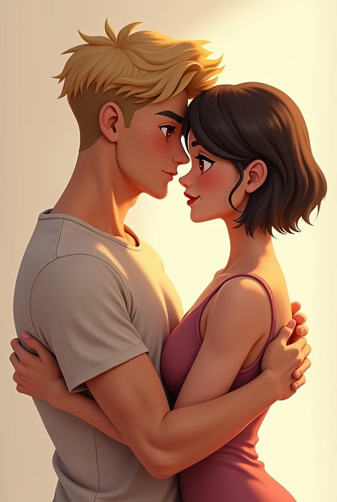 Can you make me a couple, a tall, loving, blond boy with blue eyes and a short, angry, light brown-skinned girl with brown eyes?