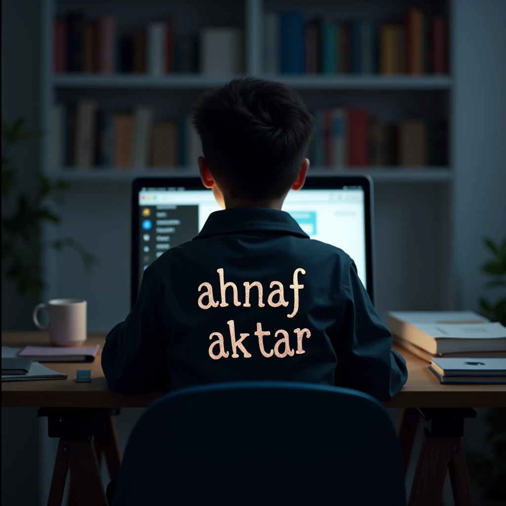 Create imagine of a boy working on a laptop, viewed from behind, wearing a jacket with the text "Ahnaf Aktar" written in a style inspired by the Harry Potter font. The environment is dark, with a clean room and books on a shelf.the picture should be from the back the text should be from back.the photo will be shtaright from back